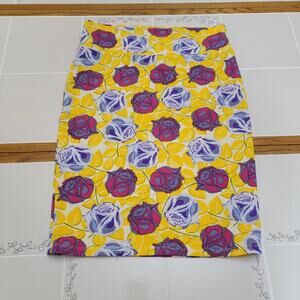LuLaRoe Womens Yellow Cassie Pencil Skirt With Purple And Pink Roses Size L